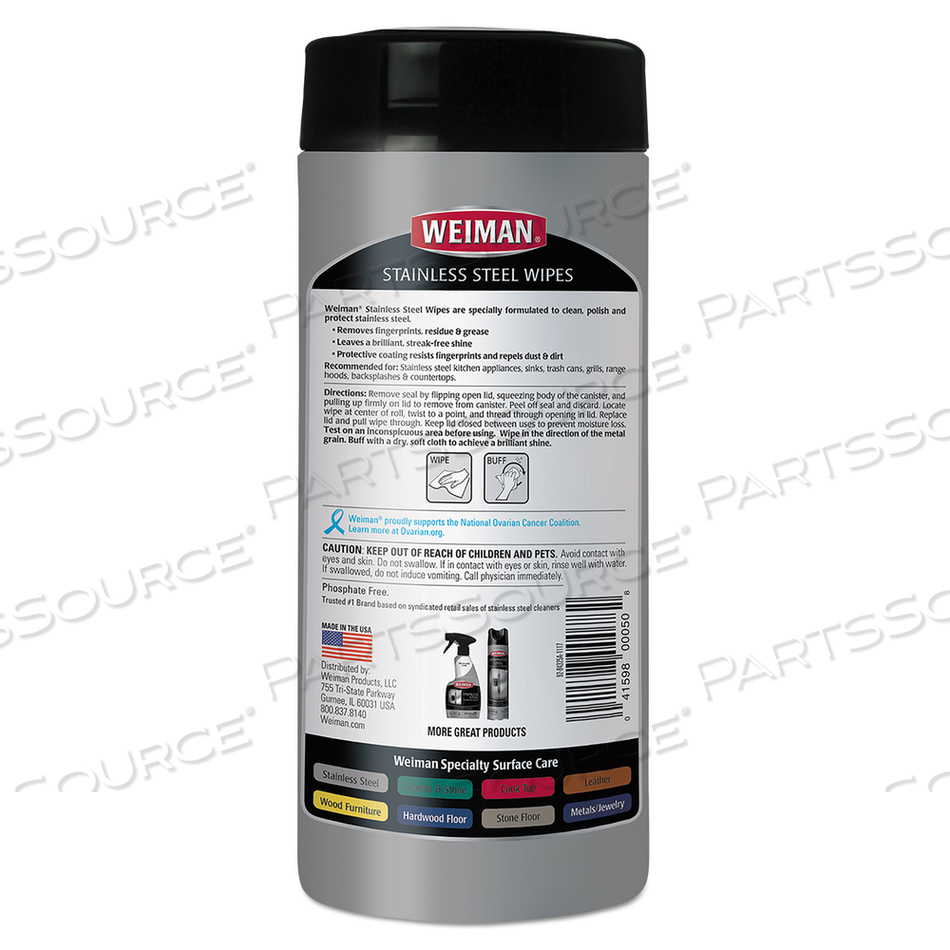 STAINLESS STEEL WIPES, 7 X 8, 30/CANISTER by Weiman