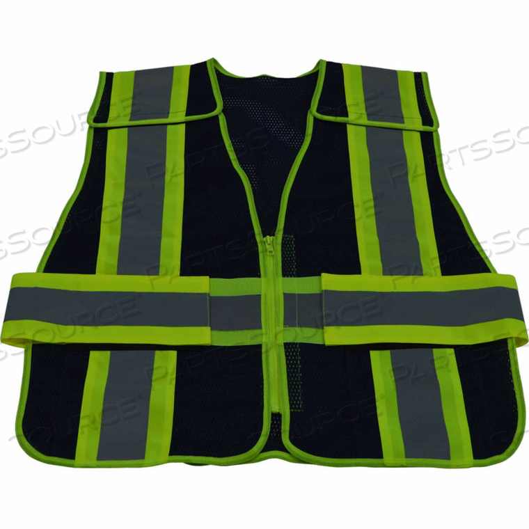 TWO TONE 5-POINT BREAKAWAY PUBLIC SAFETY VEST, ZIPPER CLOSURE, NAVY/LIME, 2XL-5XL 