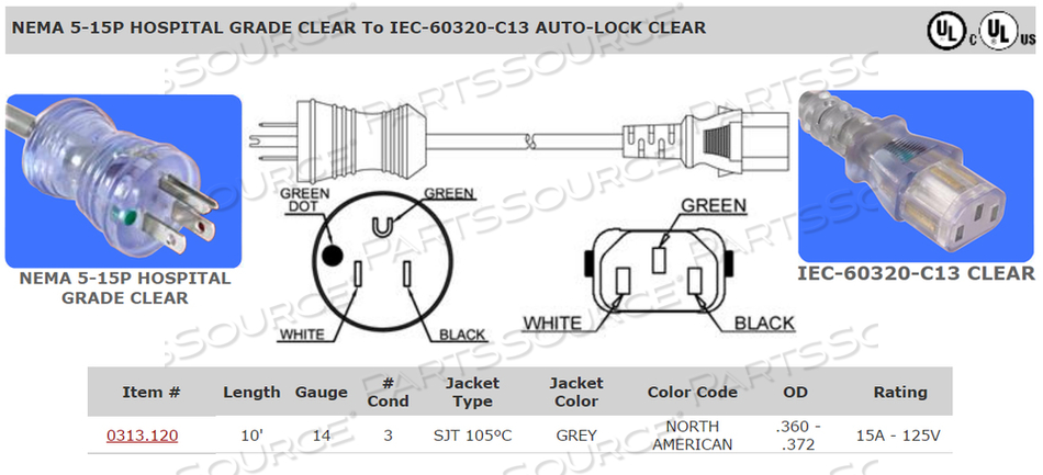 10 FT HOSPITAL GRADE POWER CORD, NEMA 5-15P,14 GAUGE by Quail Electronics