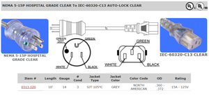 POWER CORD, 10 FT, 15 A, 125 V, 14 AWG, NEMA 5-15P TO IEC 320-C13, HOSPITAL GRADE by Quail Electronics