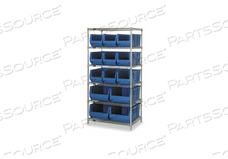 WR6-973974 CHROME WIRE SHELVING WITH 13 30"D HOPPER BINS BLUE, 30X36X74 by Quantum Storage Systems WR6-973974 CHROME WIRE SHELVING WITH 13 30"D HOPPER BINS BLUE, 30X36X74 by Quantum Storage Systems