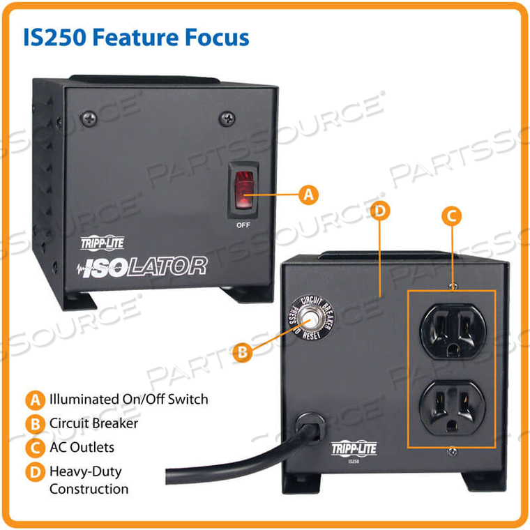ISOLATION TRANSFORMER 250W SURGE 120V 2 OUTLET 6FT CORD TAA GSA by Tripp Lite ISOLATION TRANSFORMER 250W SURGE 120V 2 OUTLET 6FT CORD TAA GSA by Tripp Lite