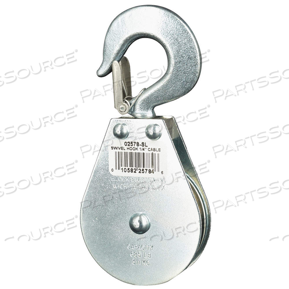 PULLEY BLOCK, PULLEY BLOCK, SWIVEL, UPRIGHT MOUNT, PULLING, WIRE ROPE, SWIVEL HOOK by Approved Vendor