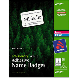 ECOFRIENDLY NAME BADGE LABELS, 2-1/3" X 3-3/8, WHITE, 80/PACK by Avery