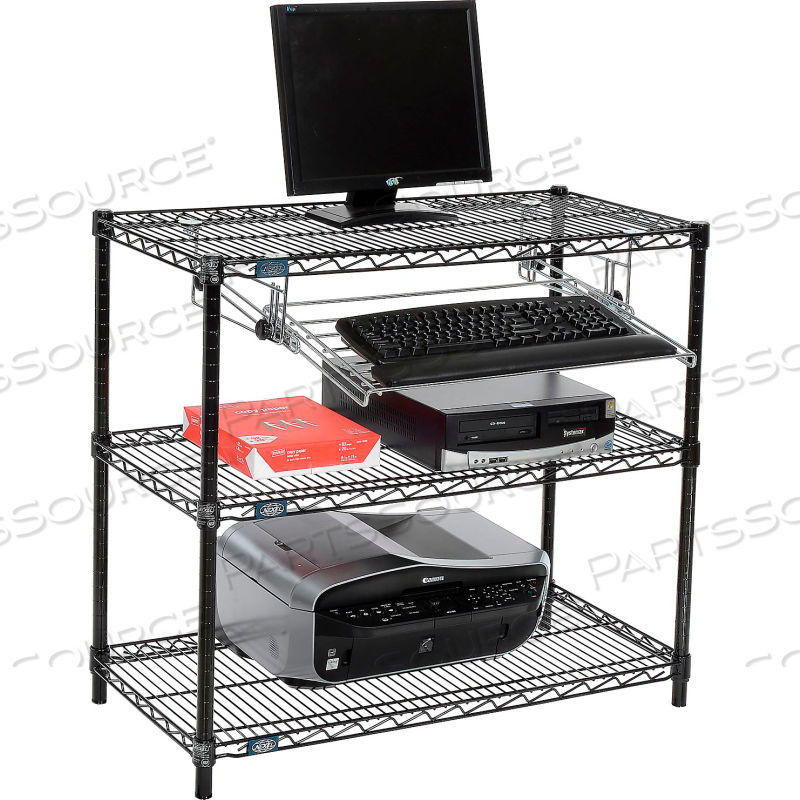 NEXEL 3-SHELF BLACK WIRE SHELF PRINTER STAND WITH KEYBOARD TRAY, 36"W X 18"D X 34"H by Approved Vendor