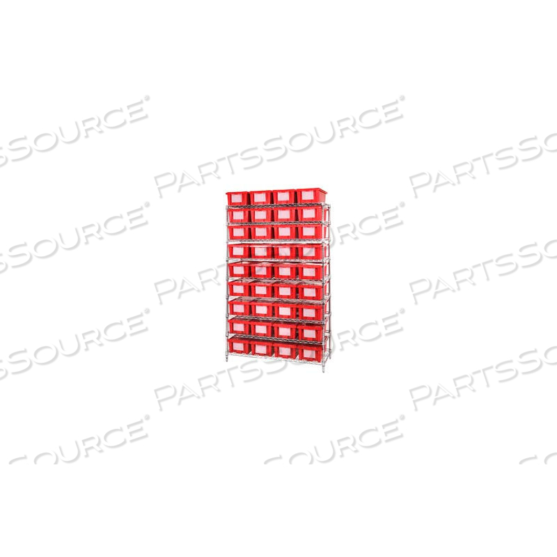 CHROME WIRE SHELVING WITH 36 6"H NEST & STACK SHIPPING TOTES RED, 48X18X74 by Approved Vendor