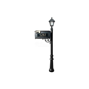 MAILBOX, POST (FLUTED BASE & BLACK BAYVIEW SOLAR LAMP), W/3 ADDRESS PLATES, SUPPORT BRACE, BLACK by Qualarc