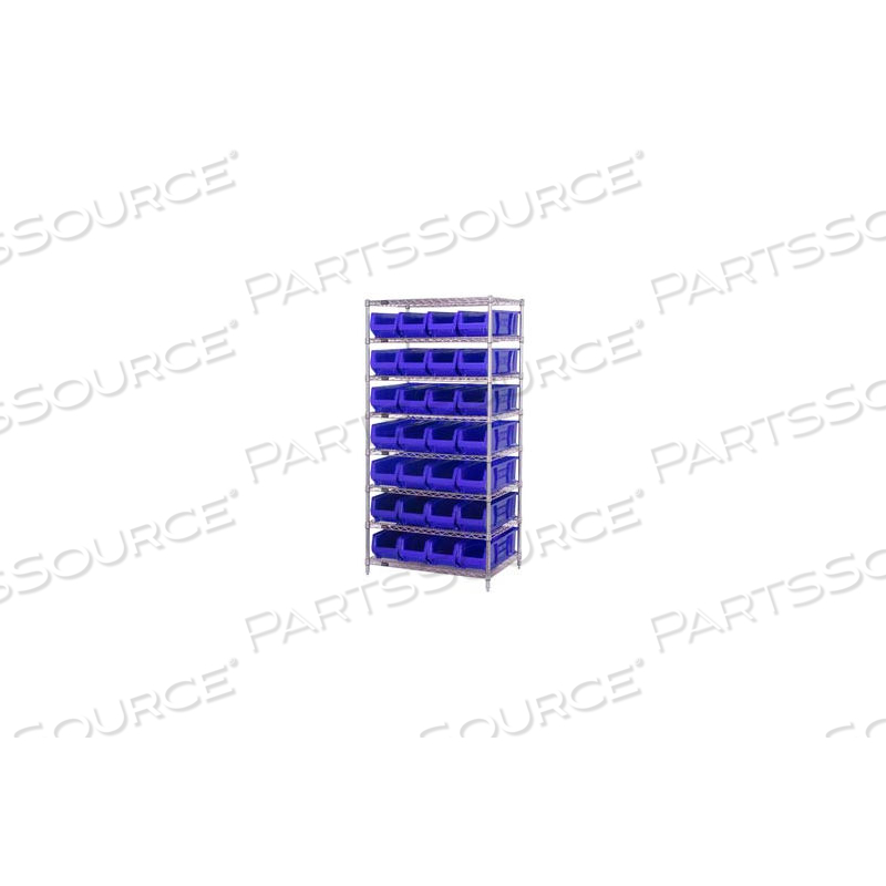 WR8-970 CHROME WIRE SHELVING WITH 28 30"D HOPPER BINS BLUE, 30X36X74 by Quantum Storage Systems WR8-970 CHROME WIRE SHELVING WITH 28 30"D HOPPER BINS BLUE, 30X36X74 by Quantum Storage Systems