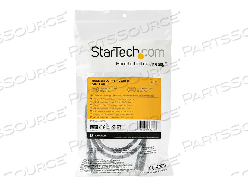 0.8M/2.7FT THUNDERBOLT 3 TO THUNDERBOLT 3 CABLE, 40GBPS, CERTIFIED TB3, USB C COMPATIBLE, ACTIVE, 100W PD (TBLT34MM80CM), THUNDERBOLT CABLE, by StarTech.com Ltd.