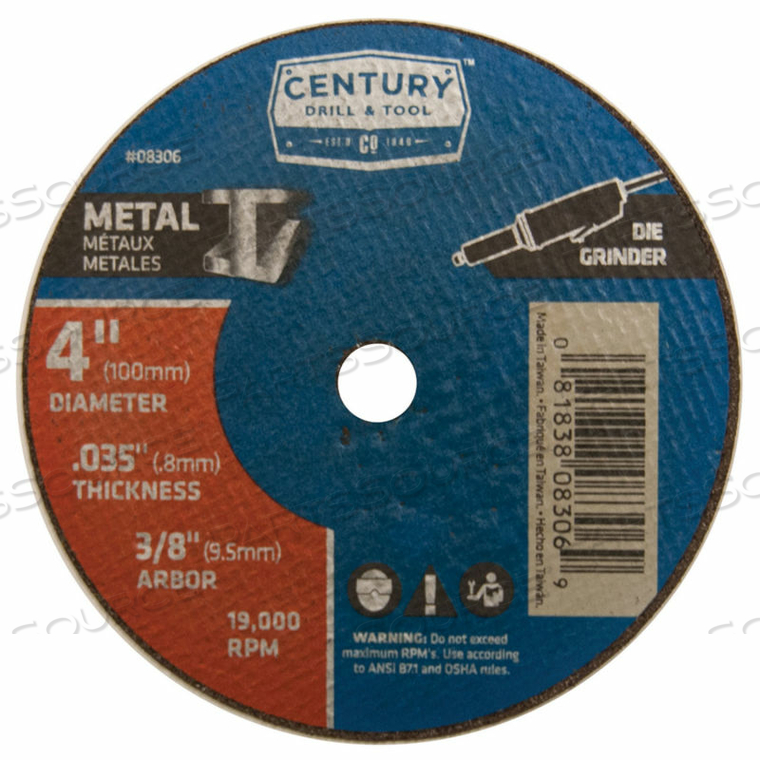 CUTTING WHEEL 4" X 3/8" ALUMINUM OXIDE by Century Drill And Tool CUTTING WHEEL 4" X 3/8" ALUMINUM OXIDE by Century Drill And Tool