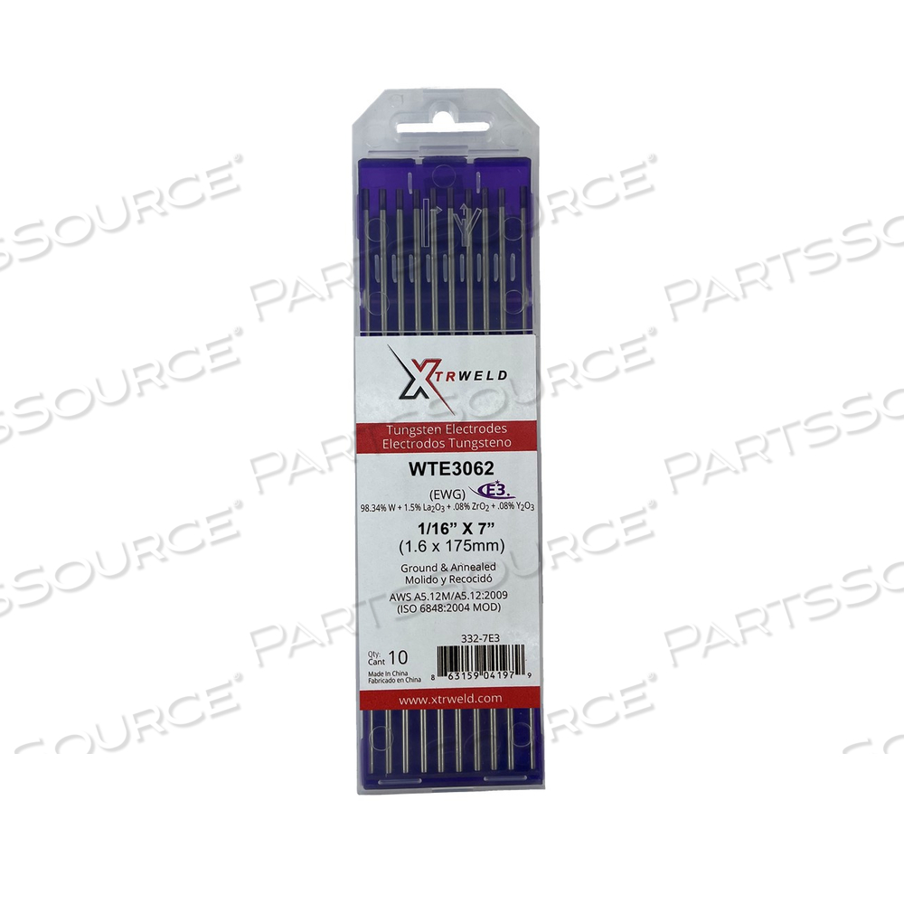 WTE3062 XTRWELD TUNGSTEN ELECTRODE, GROUND, E3 (PURPLE), 1/16" X 7", 10PC by XTRweld
