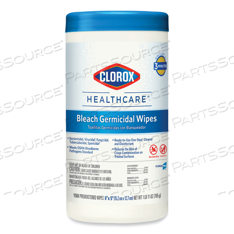 BLEACH GERMICIDAL WIPES, 6 X 5, UNSCENTED, 150/CANISTER by Clorox BLEACH GERMICIDAL WIPES, 6 X 5, UNSCENTED, 150/CANISTER by Clorox