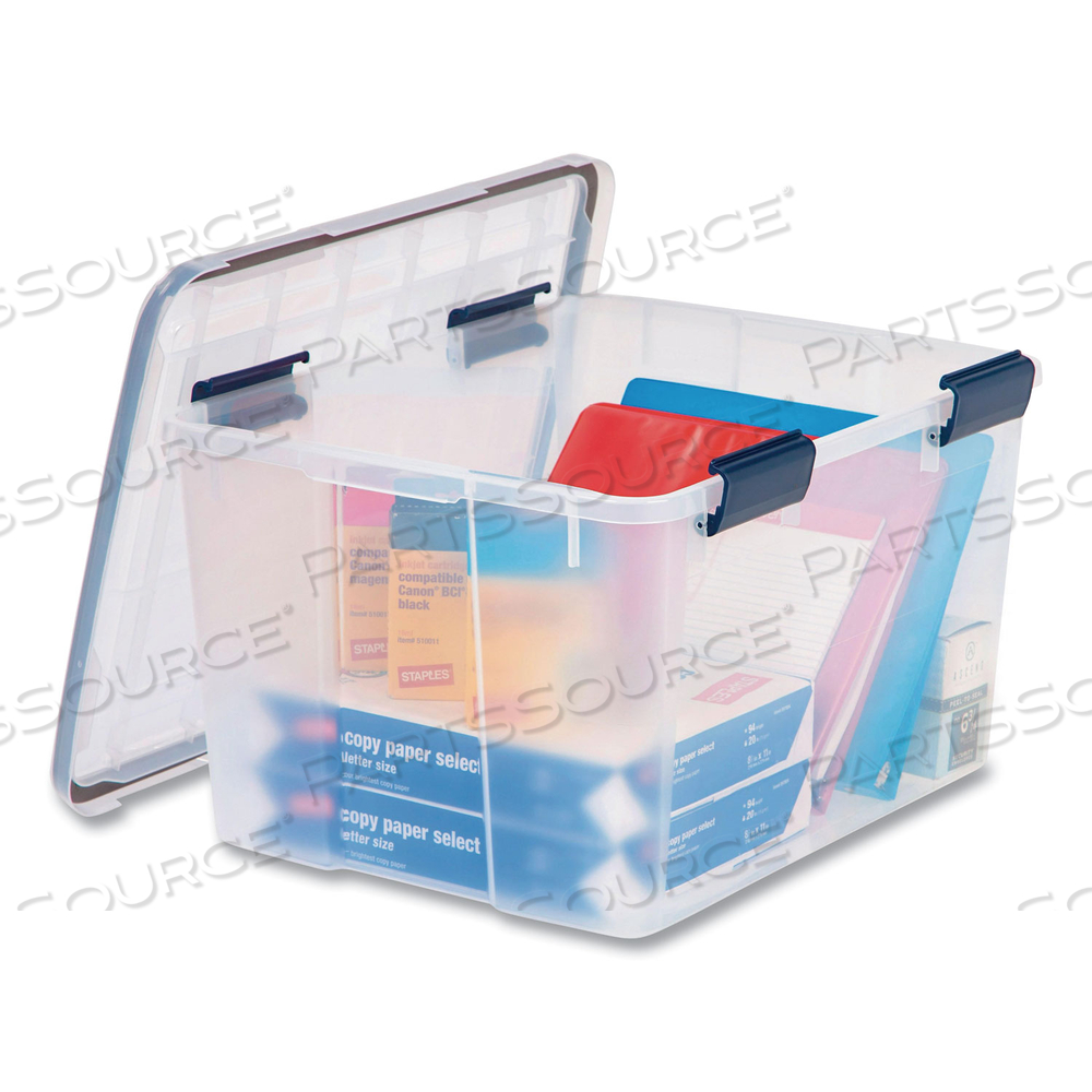 WEATHERTIGHT LATCHING FLAT LID STORAGE BOX, 11.5 GAL, 15.7" X 19.7" X 11.7", CLEAR WEATHERTIGHT LATCHING FLAT LID STORAGE BOX, 11.5 GAL, 15.7" X 19.7" X 11.7", CLEAR