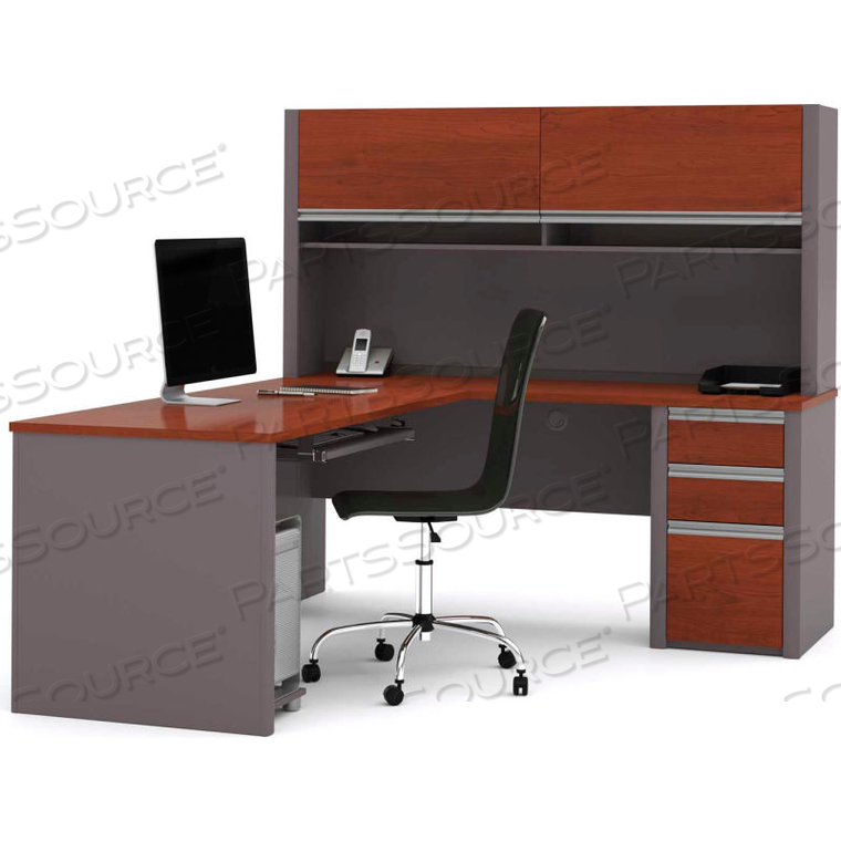 L DESK WITH HUTCH & PEDESTAL - 71"- BORDEAUX & SLATE - CONNEXION SERIES 