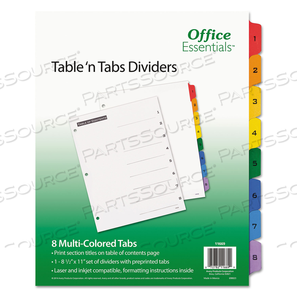 TABLE 'N TABS DIVIDERS, 8-TAB, 1 TO 8, 11 X 8.5, WHITE, ASSORTED TABS, 1 SET 