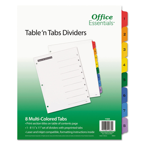 TABLE 'N TABS DIVIDERS, 8-TAB, 1 TO 8, 11 X 8.5, WHITE, ASSORTED TABS, 1 SET by Office Essentials