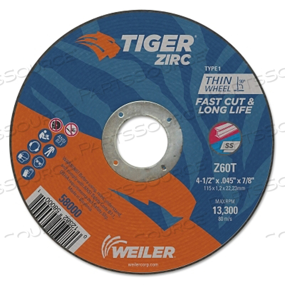 TIGER ZIRC CUTTING WHEEL, 4-1/2 IN DIA, 0.045 IN THICK, 7/8 IN ARBOR, ZIRCONIA ALUMINA, TYPE 1, Z60T by Weiler