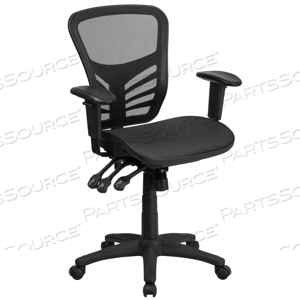 NICHOLAS MID-BACK TRANSPARENT BLACK MESH MULTIFUNCTION EXECUTIVE SWIVEL ERGONOMIC OFFICE CHAIR WITH ADJUSTABLE ARMS by Flash Furniture