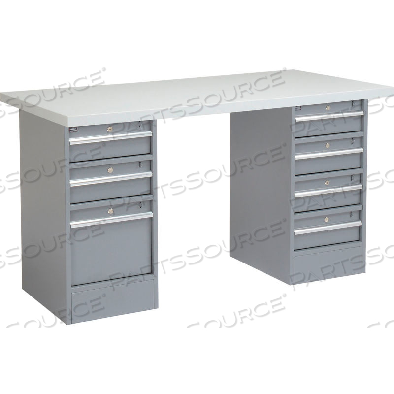 60 X 24 PEDESTAL WORKBENCH - 3 DRAWER/ 4 DRAWERS, LAMINATE SQUARE EDGE GRAY 