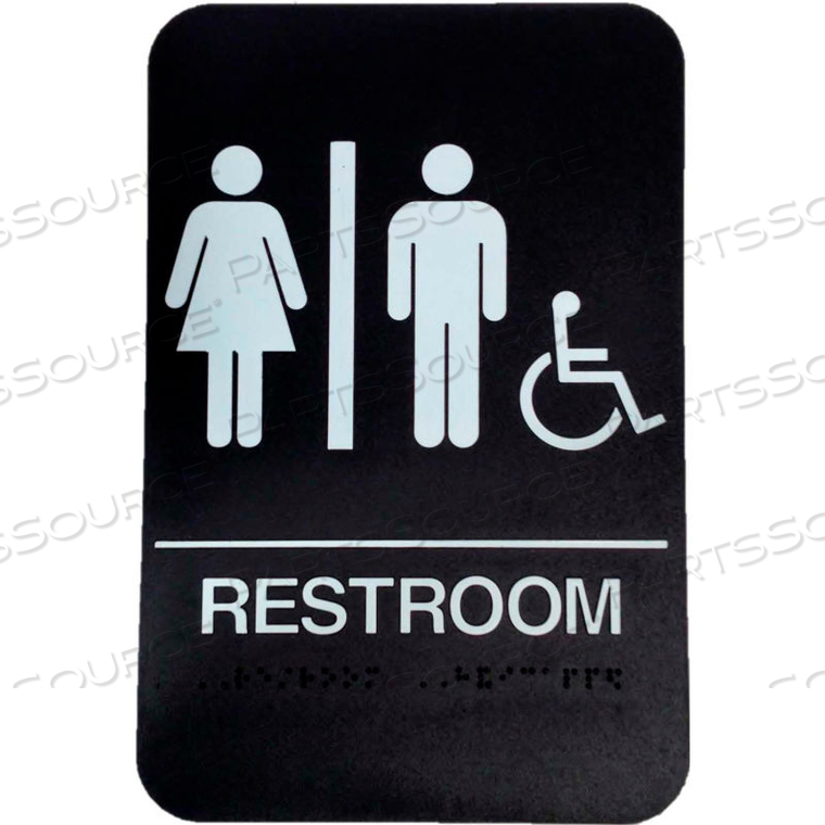WOMEN'S/MEN'S/HANDICAP ADA SIGN, 6" X 9", BLACK WITH RAISED WHITE LETTERING by Don-Jo Mfg., Inc.