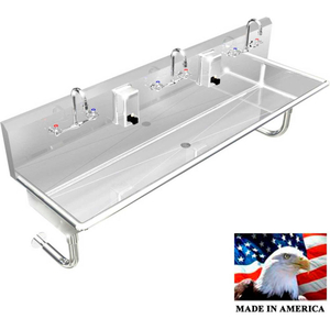 STAINLESS STEEL SINK, 3 STATION W/MANUAL FAUCETS, ROUND LEGS 72"L X 20"W X 8"D by Best Sheet Metal, Inc.