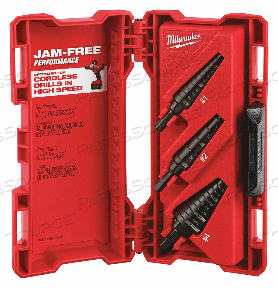 STEP DRILL BIT SET, HIGH SPEED STEEL, BLACK OXIDE, 1/8 IN TO 7/8 IN SIZE RANGE, STRAIGHT WITH THREE FLATS, NUMBER OF DRILL BITS 3 by Milwaukee Electric Tools STEP DRILL BIT SET, HIGH SPEED STEEL, BLACK OXIDE, 1/8 IN TO 7/8 IN SIZE RANGE, STRAIGHT WITH THREE FLATS, NUMBER OF DRILL BITS 3 by Milwaukee Electric Tools