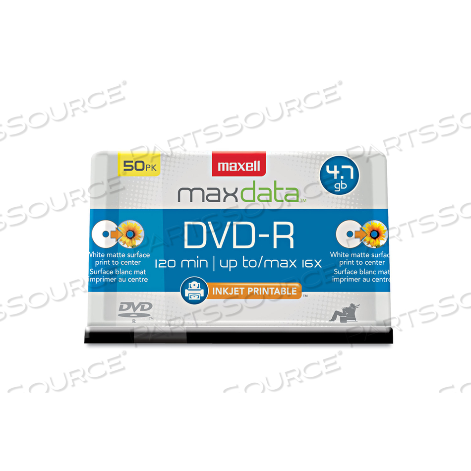 DVD-R RECORDABLE DISC, PRINTABLE, 4.7 GB, 16X, SPINDLE, WHITE, 50/PACK 