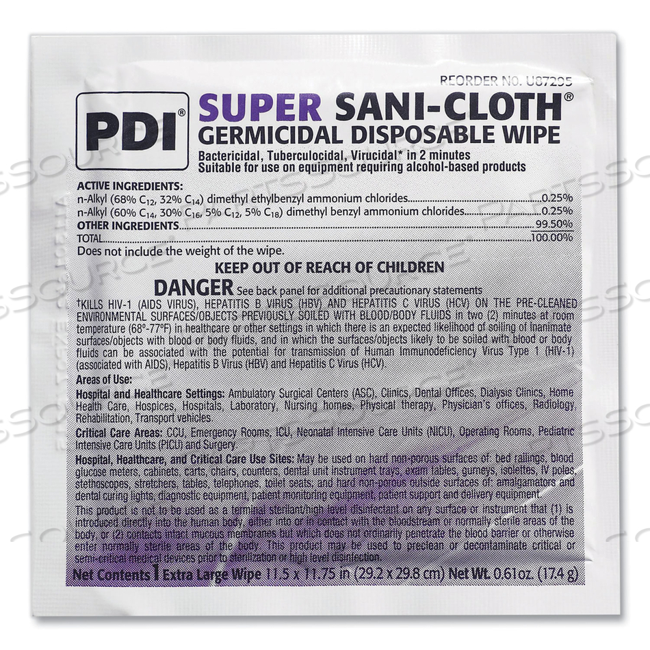 SUPER SANI-CLOTH INDIVIDUALLY WRAPPED GERMICIDAL DISPOSABLE WIPES, EXTRA-LARGE, 11.5 X 11.75, WHITE, 50/BOX, 3 BOXES/CARTON 