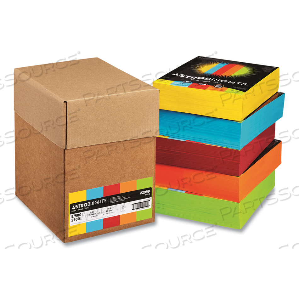 COLOR PAPER - FIVE-COLOR MIXED CARTON, 24 LB BOND WEIGHT, 8.5 X 11, ASSORTED, 500 SHEETS/REAM, 5 REAMS/CARTON 