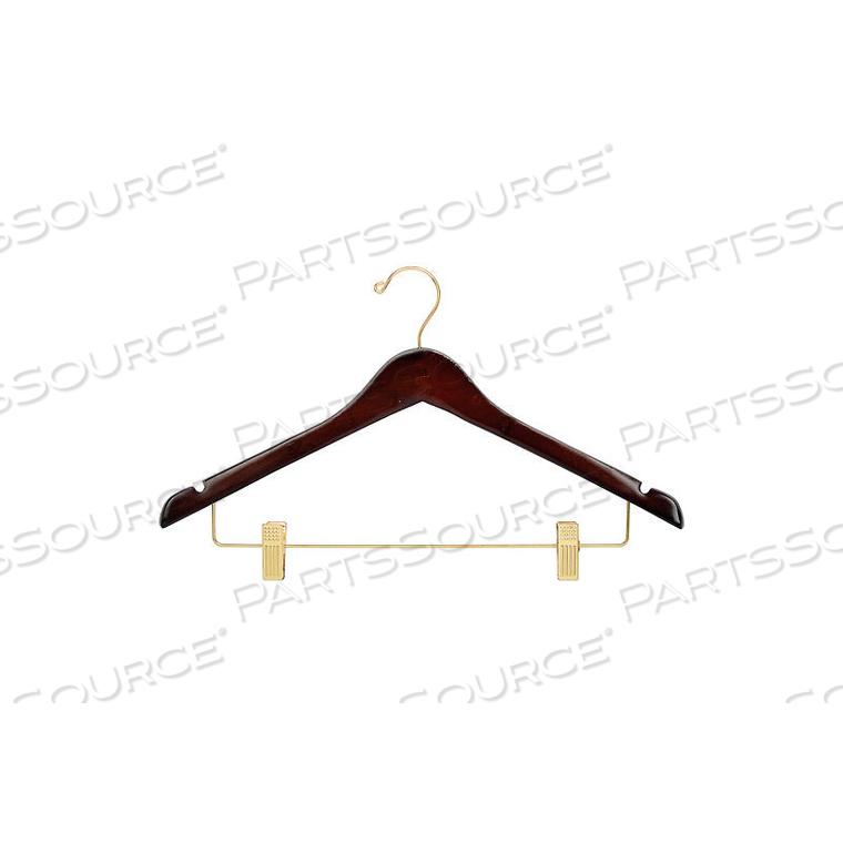 17" WOOD HANGER FOR LADIES' SUIT/SKIRT, STANDARD HOOK, WALNUT W/ BRASS HARDWARE, 100/CASE by Beverly Coat Hangers Co Inc 17" WOOD HANGER FOR LADIES' SUIT/SKIRT, STANDARD HOOK, WALNUT W/ BRASS HARDWARE, 100/CASE by Beverly Coat Hangers Co Inc