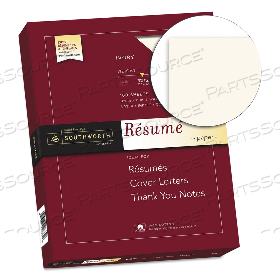 100% COTTON RESUME PAPER, 32 LB BOND WEIGHT, 8.5 X 11, IVORY by SOUTHWORTH PRODUCTS CORP