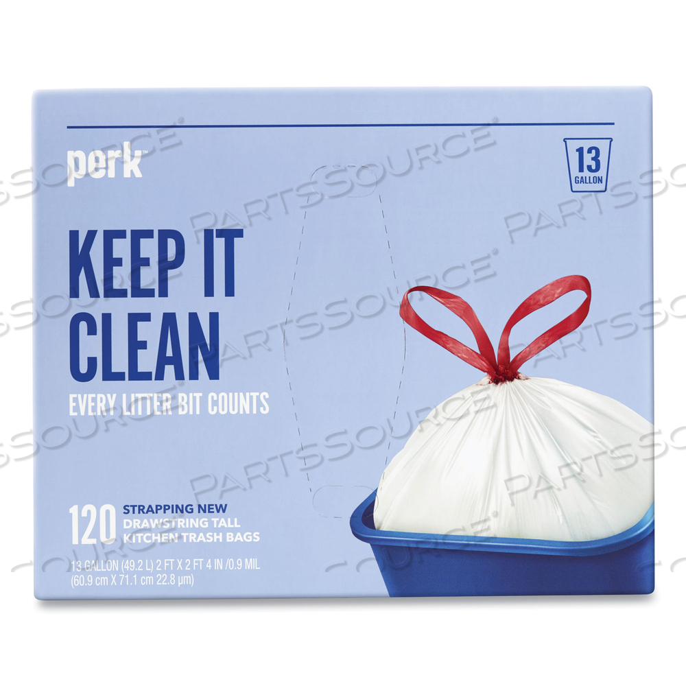 DRAWSTRING TALL KITCHEN TRASH BAGS, 13 GAL, 0.9 MIL, 28" X 24", WHITE by Perk