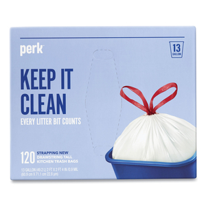 DRAWSTRING TALL KITCHEN TRASH BAGS, 13 GAL, 0.9 MIL, 28" X 24", WHITE, 120/BOX by Perk DRAWSTRING TALL KITCHEN TRASH BAGS, 13 GAL, 0.9 MIL, 28" X 24", WHITE, 120/BOX by Perk
