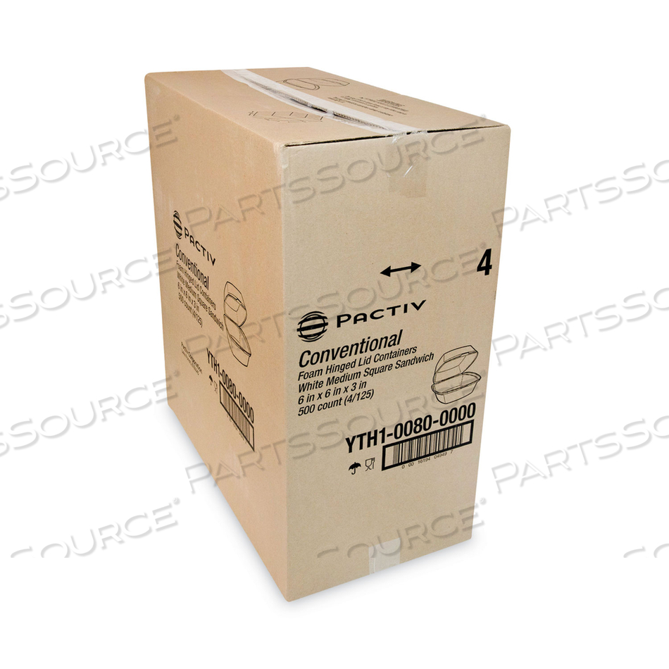 FOAM HINGED LID CONTAINER, SINGLE TAB LOCK, 6.38 X 6.38 X 3, WHITE by Pactiv FOAM HINGED LID CONTAINER, SINGLE TAB LOCK, 6.38 X 6.38 X 3, WHITE by Pactiv