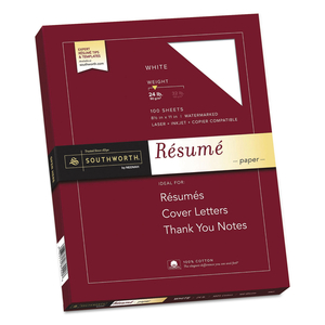 100% COTTON RESUME PAPER, 95 BRIGHT, 24 LB BOND WEIGHT, 8.5 X 11, WHITE, 100/PACK by SOUTHWORTH PRODUCTS CORP