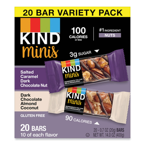 MINIS, SALTED CARAMEL AND DARK CHOCOLATE NUT/DARK CHOCOLATE ALMOND AND COCONUT, 0.7 OZ, 20/PACK by Kind