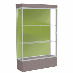 EDGE LIGHTED FLOOR CASE, PALE GREEN BACK, SATIN FRAME, 12" MORRO ZEPHYR BASE, 48"W X 76"H X 20"D by Waddell Display