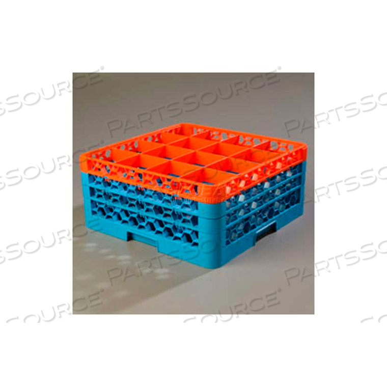 OPTICLEAN 16 COMPARTMENT GLASS RACK W/3 EXTENDERS, ORANGE-BLUE by Carlisle