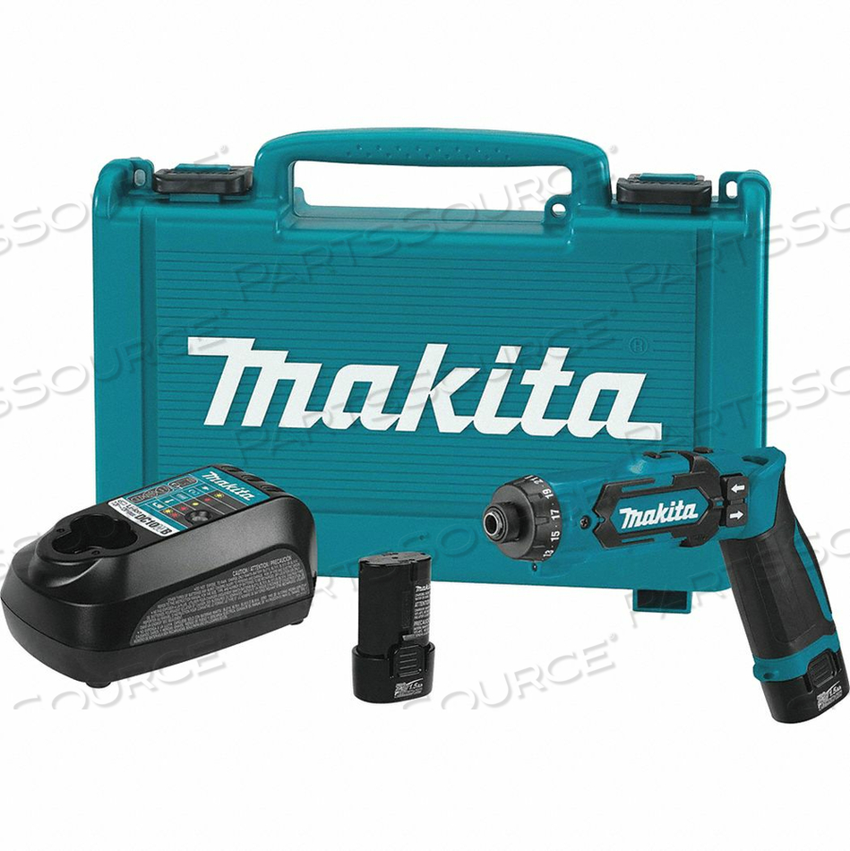 CORDLESS DRILL KIT, 32 TO 71 IN-LB, 1/4 IN CHUCK, 1.5 AH, 650 RPM, 7.2 VDC, PLASTIC, PISTOL GRIP by Makita CORDLESS DRILL KIT, 32 TO 71 IN-LB, 1/4 IN CHUCK, 1.5 AH, 650 RPM, 7.2 VDC, PLASTIC, PISTOL GRIP by Makita