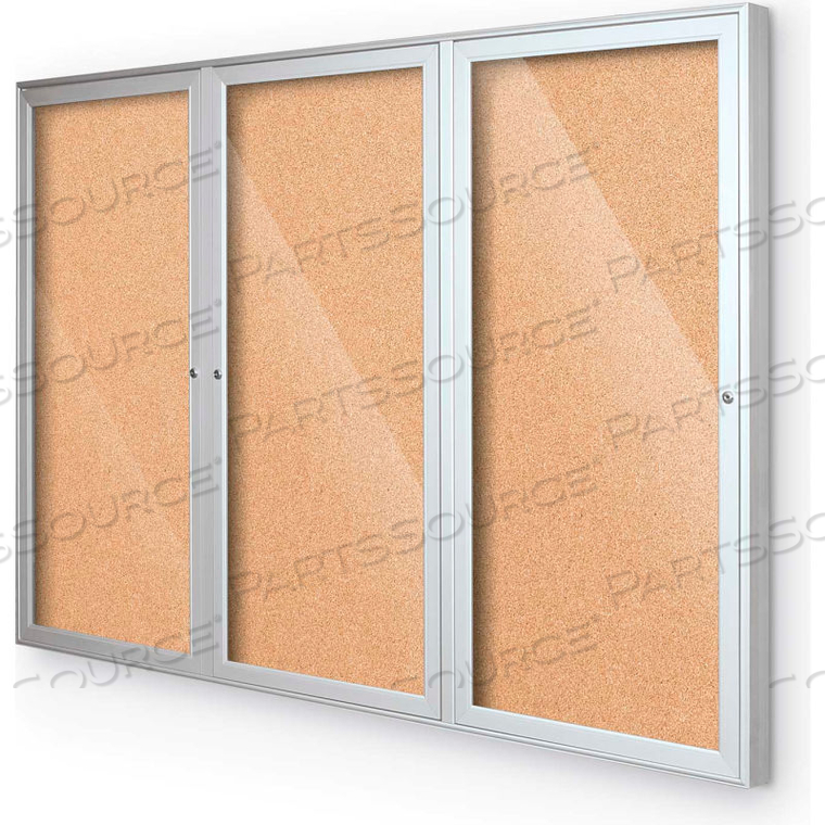 OUTDOOR ENCLOSED BULLETIN BOARD CABINET,3-DOOR 72"W X 36"H, SILVER TRIM, NATURAL CORK 