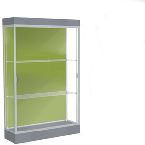 EDGE LIGHTED FLOOR CASE, PALE GREEN BACK, SATIN FRAME, 6" CARBON MESH BASE, 48"W X 76"H X 20"D by Waddell Display