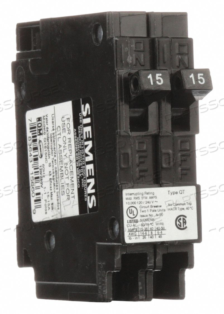 CIRCUIT BREAKER 15/15A PLUG IN 120V 1P by Siemens
