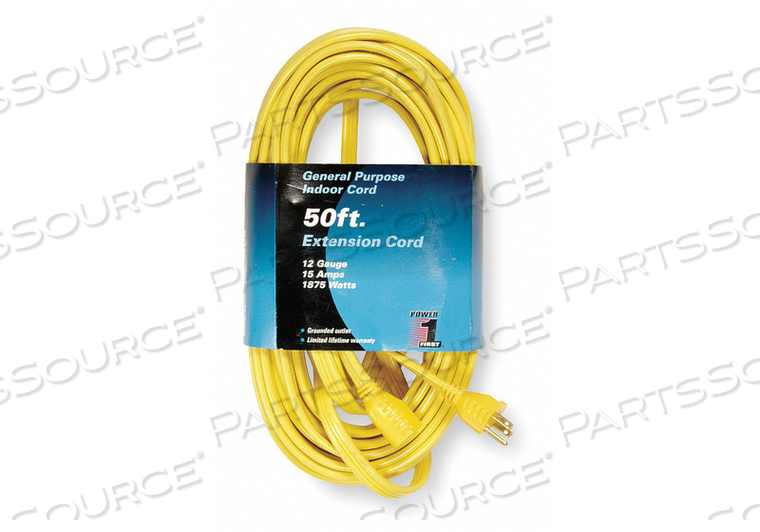 EXTENSION CORD, LOCATION INDOOR, CORD LENGTH 50 FT, WIRE SIZE 12 AWG, MAX. AMPS 15 A, VOLTAGE 125V AC, PLUG CONFIGURATION NEMA 5-15P, RECEPT by Power First EXTENSION CORD, LOCATION INDOOR, CORD LENGTH 50 FT, WIRE SIZE 12 AWG, MAX. AMPS 15 A, VOLTAGE 125V AC, PLUG CONFIGURATION NEMA 5-15P, RECEPT by Power First