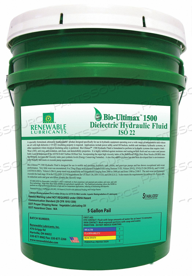 DIELECTRIC HYDRAULIC OIL ISO 22 5 GAL by Renewable Lubricants DIELECTRIC HYDRAULIC OIL ISO 22 5 GAL by Renewable Lubricants