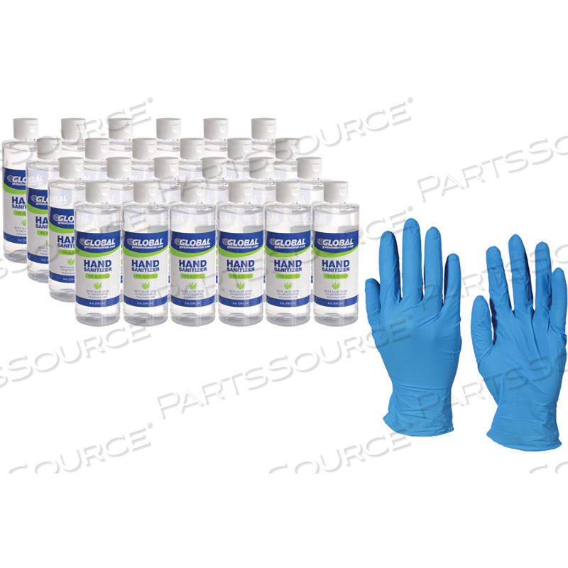 NITRILE GLOVES & SANITIZER BUNDLE, 4 MIL, BLUE, MEDIUM, CASE OF 10 BOXES & CASE HAND SANITIZER 