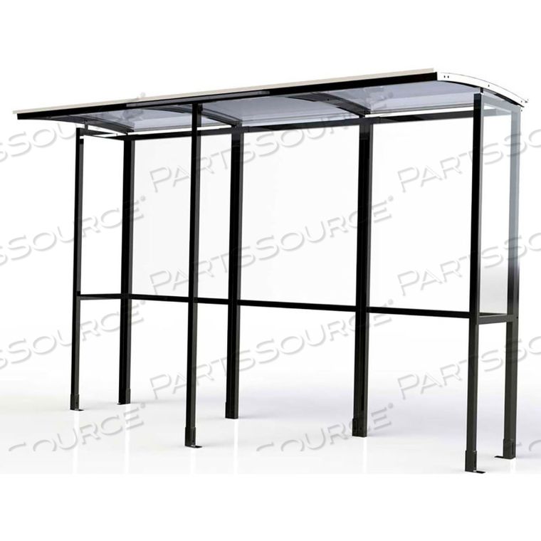 OPEN FRONT SMOKING SHELTER - HALF SIDE PANELS 10'4"W X 3'6"D X 7'11"H CLEAR ROOF by No Butts Bin Co. OPEN FRONT SMOKING SHELTER - HALF SIDE PANELS 10'4"W X 3'6"D X 7'11"H CLEAR ROOF by No Butts Bin Co.