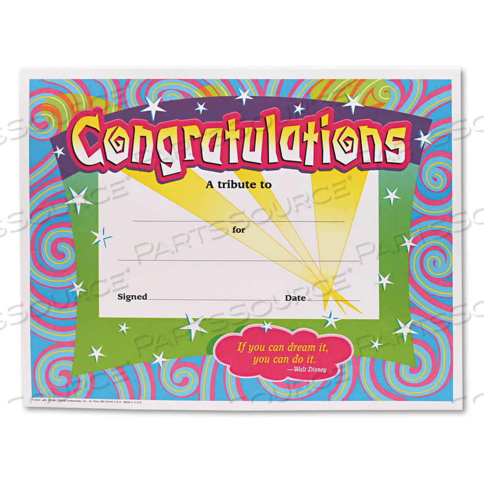CONGRATULATIONS COLORFUL CLASSIC CERTIFICATES, 11 X 8.5, HORIZONTAL ORIENTATION, ASSORTED COLORS WITH WHITE BORDER, 30/PACK 