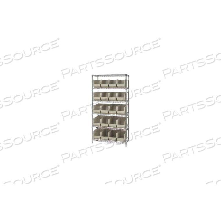 WR6-265 CHROME WIRE SHELVING WITH 20 GIANT PLASTIC STACKING BINS IVORY, 36X18X74 by Quantum Storage Systems WR6-265 CHROME WIRE SHELVING WITH 20 GIANT PLASTIC STACKING BINS IVORY, 36X18X74 by Quantum Storage Systems