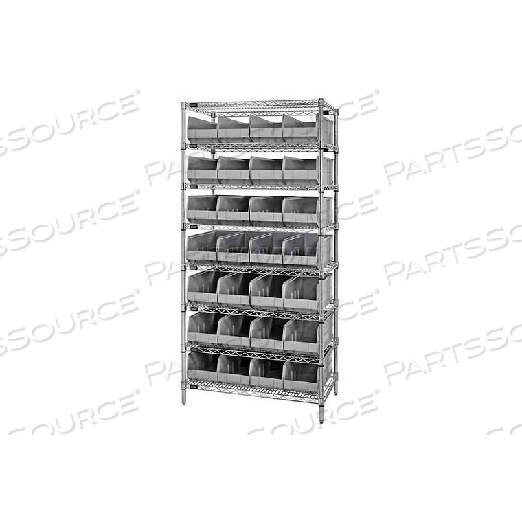WR8-463 CHROME WIRE SHELVING WITH 28 SSB463 STACKABLE SHELF BINS GRAY, 36X18X74 by Quantum Storage Systems WR8-463 CHROME WIRE SHELVING WITH 28 SSB463 STACKABLE SHELF BINS GRAY, 36X18X74 by Quantum Storage Systems