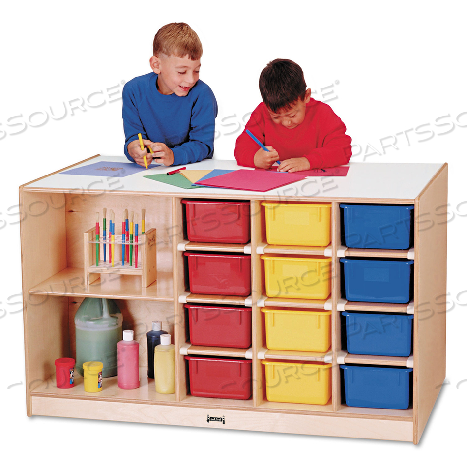 MOBILE STORAGE ISLAND, TWIN W/COLORED TRAYS, 48"W X 29"D X 29-1/2"H, BIRCH PLYWOOD by Jonti-Craft Inc MOBILE STORAGE ISLAND, TWIN W/COLORED TRAYS, 48"W X 29"D X 29-1/2"H, BIRCH PLYWOOD by Jonti-Craft Inc